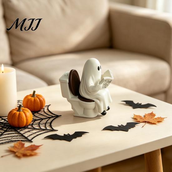 Ghost Reading on Toilet Cute Halloween Figurine, Resin Statue, Spooky Table Decor Funny Ornament for Tiered Tray Tabletop Mantel Gift