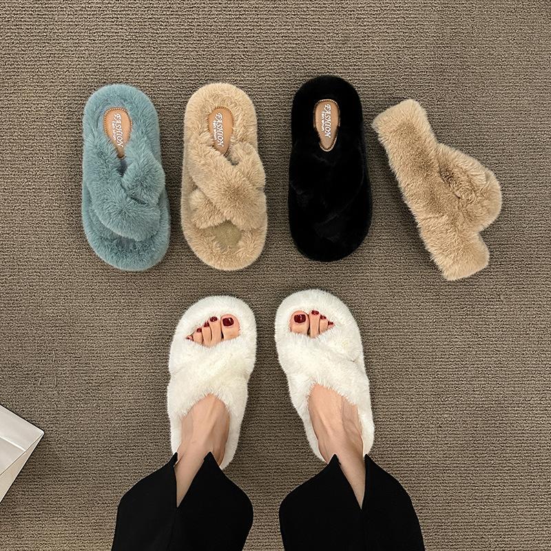 6Cm Thick-bottomed Crossed Fluffy Slippers Women's 2025 Autumn and Winter New Korean Version Fashionable Versatile Warm Plush Cotton Mop