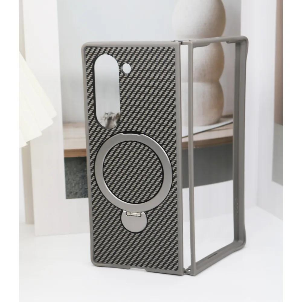 Shockproof Rotating Holder Carbon Fiber Leather Phone Case for Samsung Galaxy Z Fold 6 5 4 Fold6 Fold5 Fold4 5G Bracket Cover