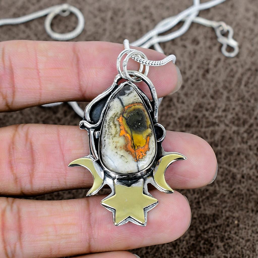 Bumble Bee Jasper Gemstone 925 Sterling Silver Jewelry Pendant 2.17" KKG-562