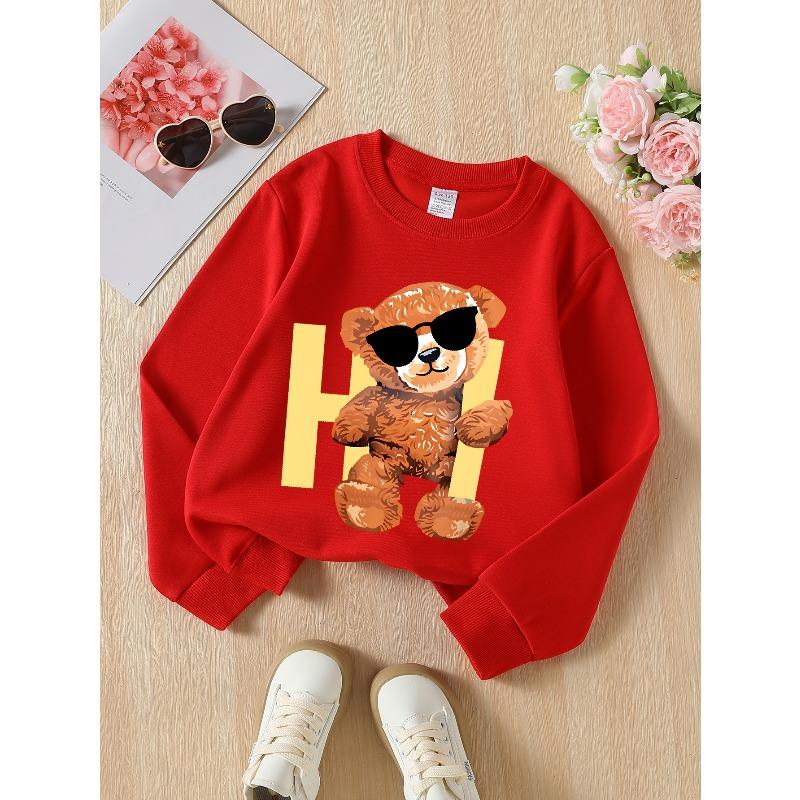 Girls' Crewneck Sweatshirt Cool Bear with Fashion Glasses And Letter H Machine Washable, Spring And Autumn