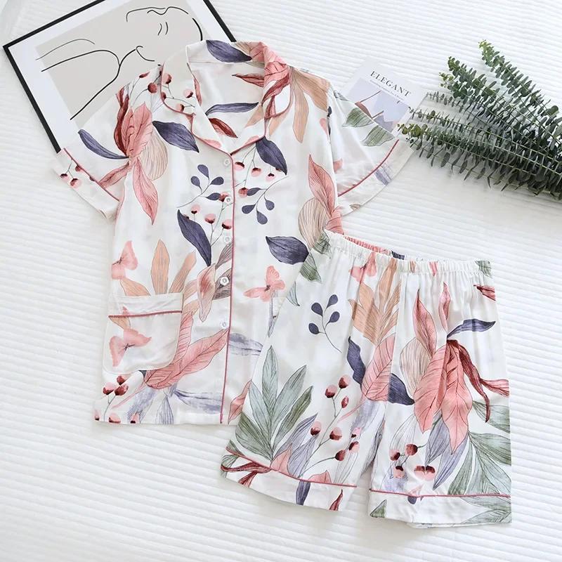 Spring and Autumn Ladies Cute Cartoon Floral Viscose Fiber Pajamas Two-piece Long-sleeved Home Service Cotton Summer Thin Shorts