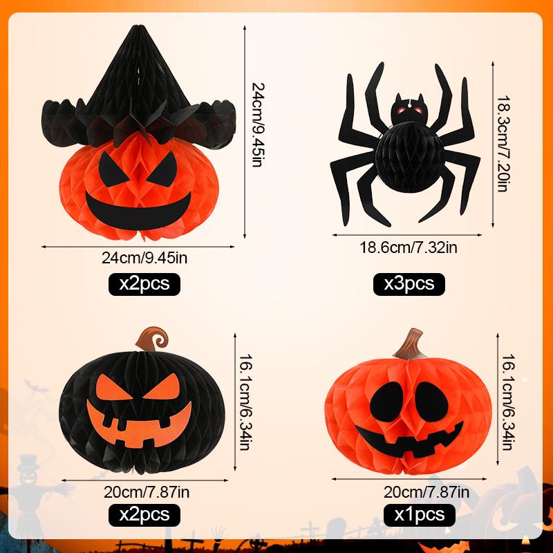 8Pcs/set Halloween Party Decoration Honeycomb Ball Hanging 3D Spider Pumpkin Paper Lantern Crafts for Home Indoor Outdoor Decor
