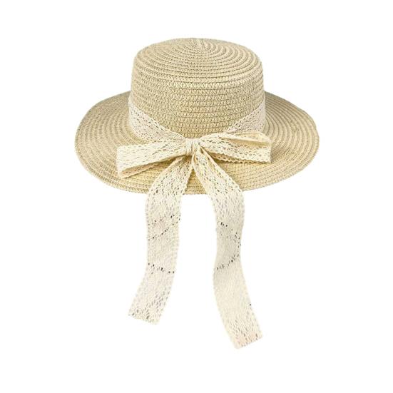 Sun Hat Lace Bow Decor Flat Top Wide Brim Straw Hat Hand-Woven Sunproof Windproof Summer Beach Picnic Basin Hat