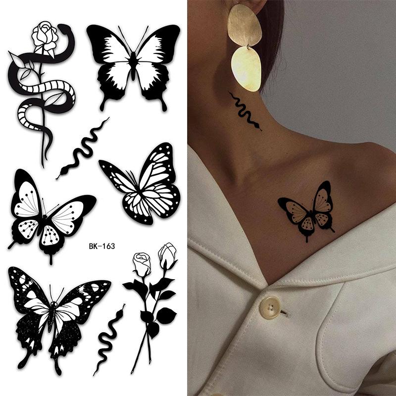 Tattoo Sticker, Plain Flower English, Letter Flower Butterfly Line Transfer Sticker Tattoo