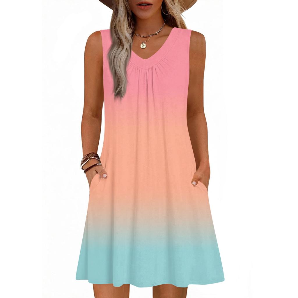 Dámské módní letní tílko bez rukávů s V-výstřihem, s kapsou, ležérní volné šaty