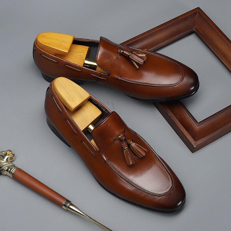 New Men's Fringed Loafer Leather Shoes First Layer Cowhide Large Size 48 Men's Shoes Casual and Versatile