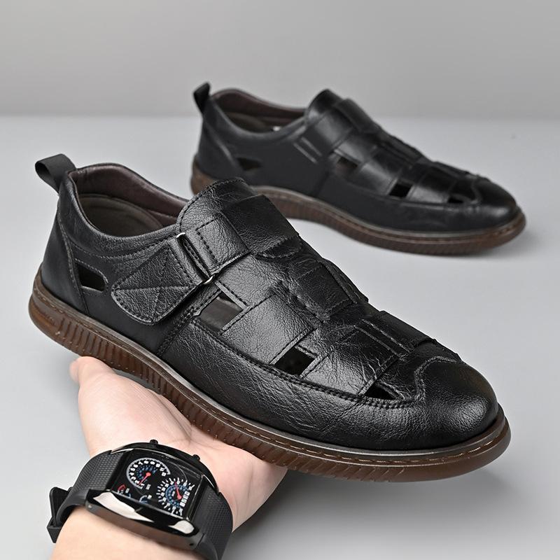 Leather Sandals Baotou 2025 Summer New Soft Leather Breathable Hollow Hole Shoes Men's Beef Tendon Soft Sole Middle-aged Dad Shoes