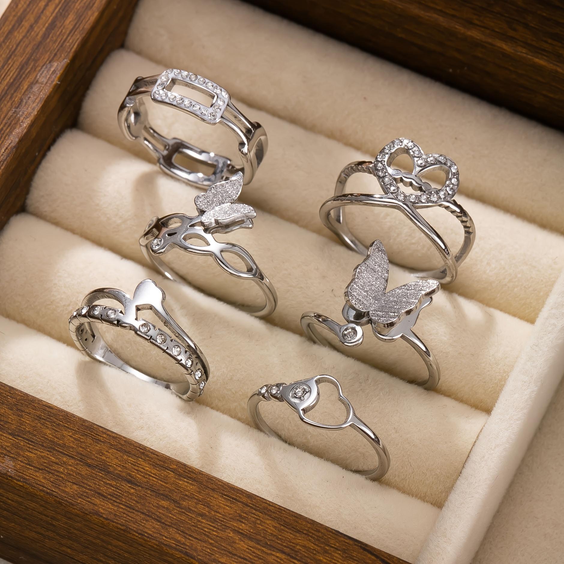 Stainless Steel Luxurious High-End Butterfly Heart Ceramic Diamond Ring 6