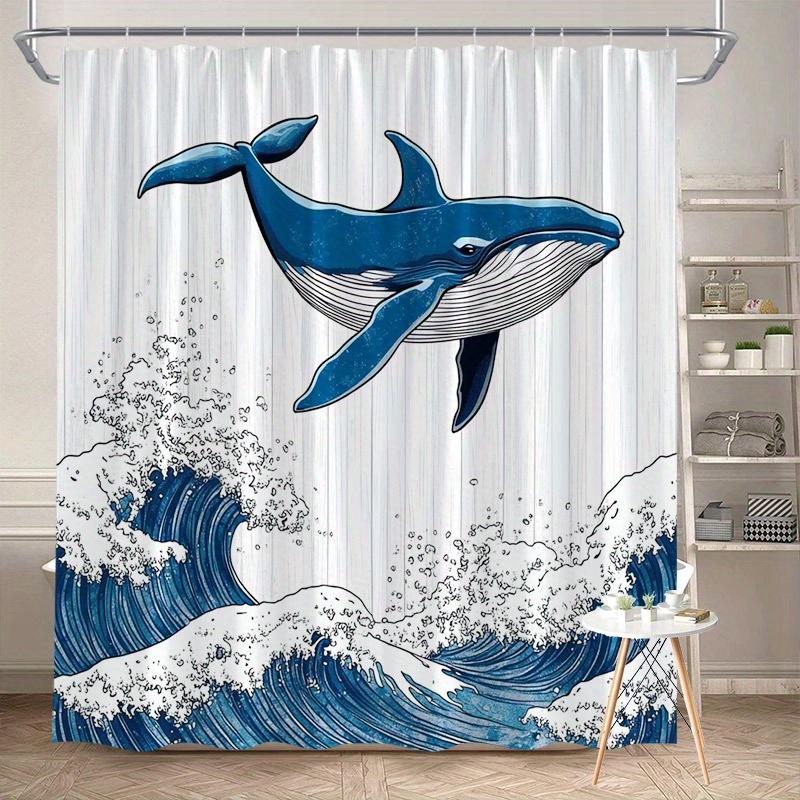 Blue Whale Ukiyo-e Shower Curtain – Majestic Whale Over Turbulent Waves, 70x70" Polyester with Hooks, Serene Nature Bath Decor