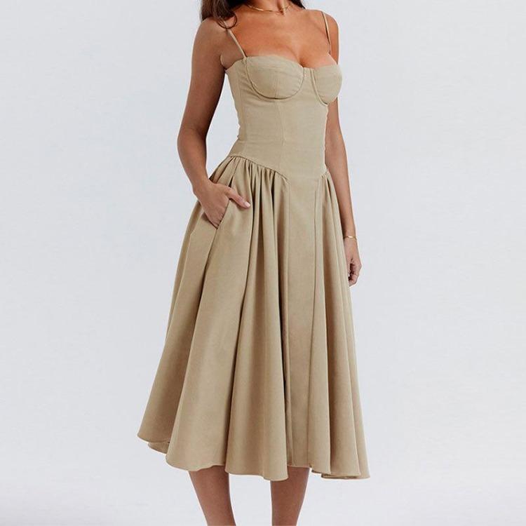 French Elegant Retro Maxi Dress Women Long Skirt Spring Summer Dopamine Strap Dress Latest Solid Color