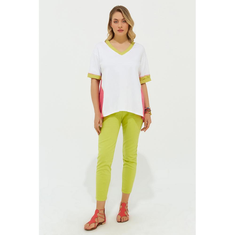 Fierte Damska bluzka w dużym rozmiarze Lm87070 Dekolt w kształcie litery V, krótki rękaw, kombinacja kolorów