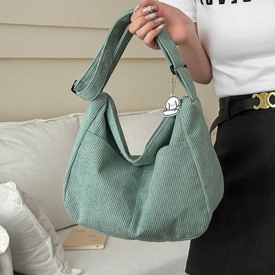 Damska Torba na Ramię ze Sztruksu Vintage w Paski Duża Torba Tote z Zamknięciem na Zamek Błyskawiczny Modna Torba Crossbody do Codziennego Użytku