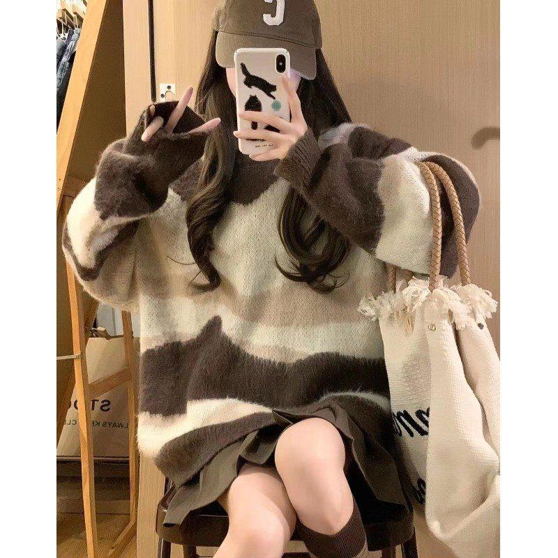 Women's Japanese Retro Striped Oversized Knitted Sweater - Soft, Gentle, Lazy Style for Spring & Autumn