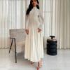 Hollow Out Mesh Maxi Dress High Collar Slim Fit Long Sleeve Robe High Waist Pleated Party Dresses New Lady Fashion Clothing