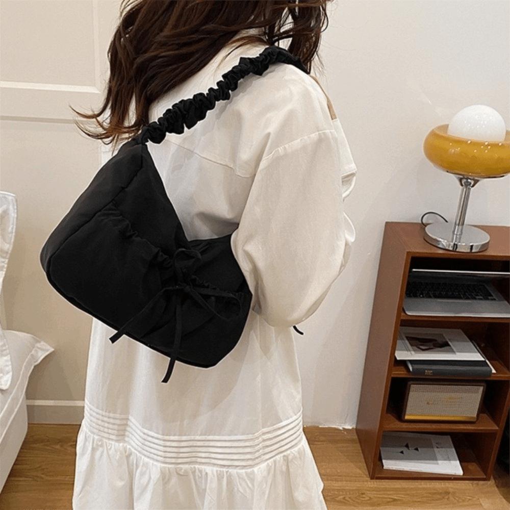 Fashion Nylon Bow Pleated Bag Drawstring Adjustable Pleated Shoulder Bag Zipper Kroean Style Women's Handbag Lady