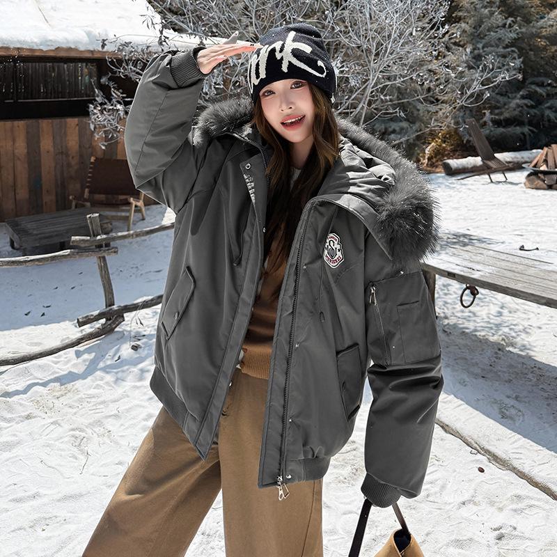 

Женская зимняя парка с капюшоном, хлопковой подкладкой, воротником-стойкой и дизайном с нашивкой L (130-145 lbs) серый