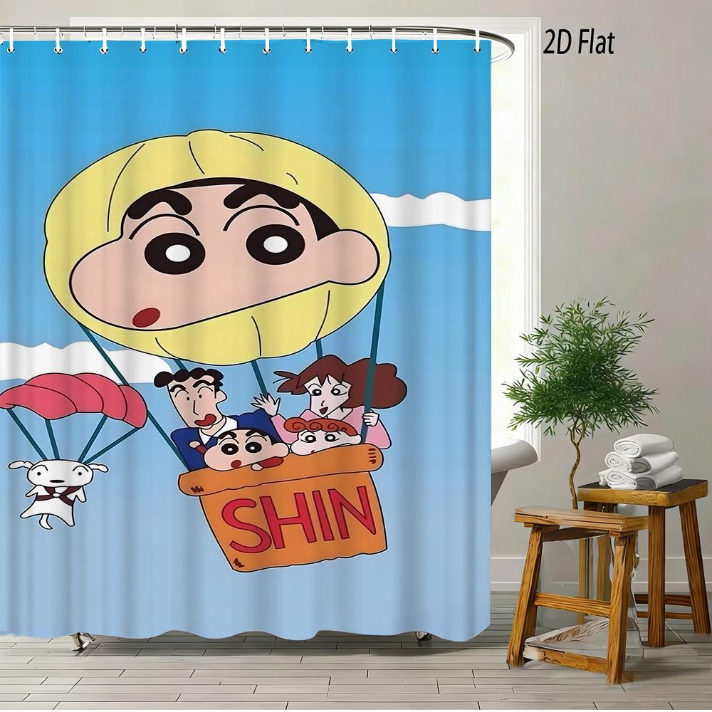 Crayon Shin-Chan & Friends Adventure 2D Print Waterproof Shower Curtain, Anime Bathroom Decor With Hooks