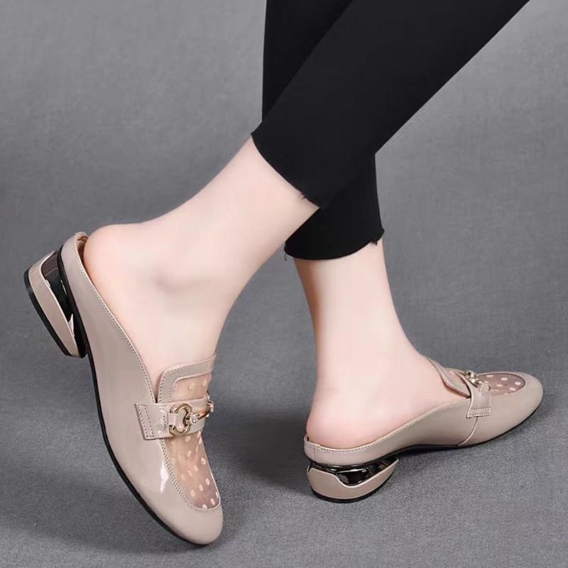 Fashion Soft Leather Mesh Cool Slippers Women 2025 Summer Wear Soft-Soled Sandals Low Heel Thick Heel Fashion Bag Head Half Drag Sandals