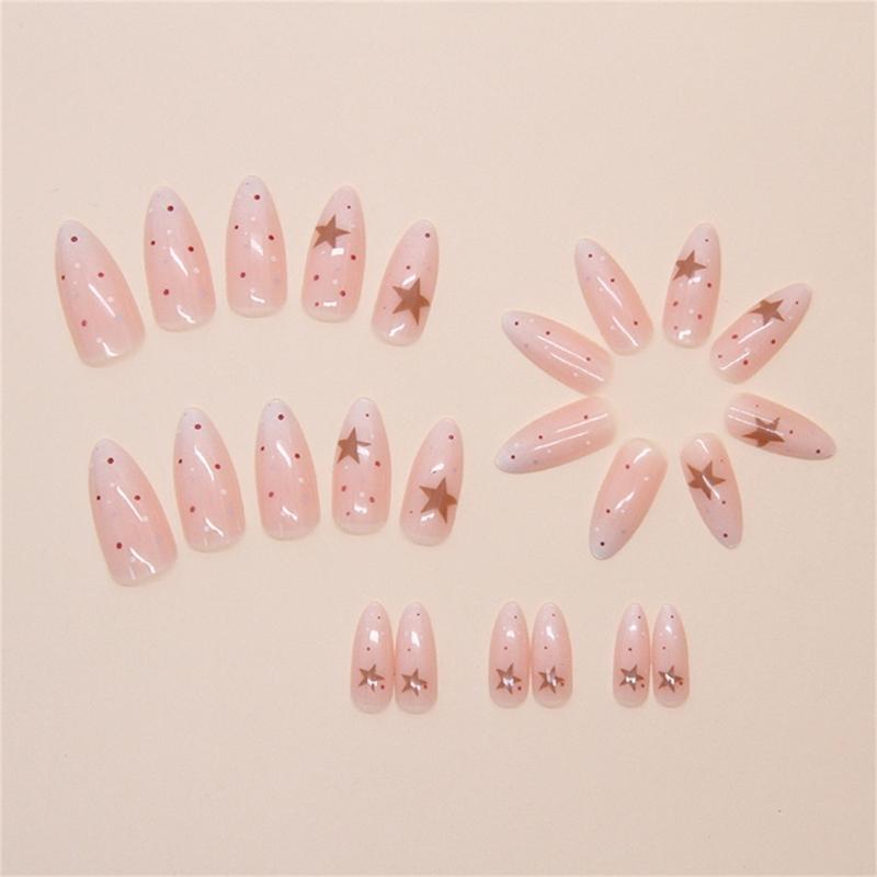 24 Stück Aufklebnägel mit Stern-Punkt-Design, süße künstliche Nägel, Acrylnägel, lange Mandeln, vollständige Abdeckung, zum Aufkleben