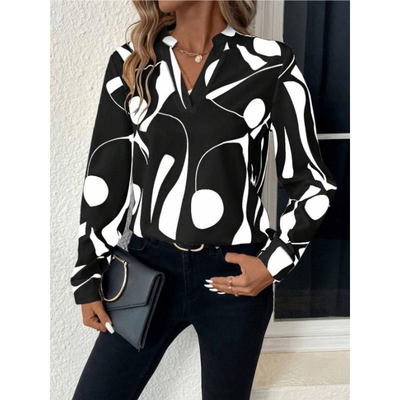 

YYFS Жіночі Модні Повсякденні Весняно-Осінні Блузки та Сорочки з Кольоровим Блок-Принтом, V-подібним Вирізом та Довгим Рукавом S чорний