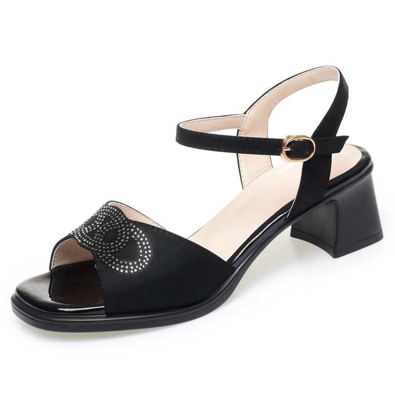 Women's Sandals with Rhinestones for Summer, Comfortable, Middle-aged and Casual, Mid-heeled, Thick-heeled, Fashionable High-heeled Shoes