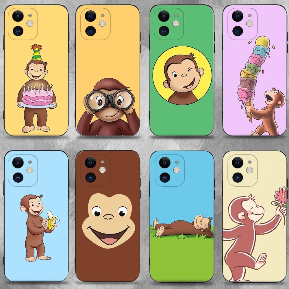 Neugierige George Affe Handyhülle Für iPhone 16,15,14,13,12,11 Plus,Pro Max,XS,X,XR,SE,Mini,8,7,Weiche Silikon Schwarze Hülle