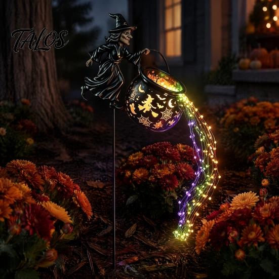 Glowing Yard Art for Halloween Witch Cauldron Light, Flying Silhouette Garden Stake with Colorful Metal Decor LED, Spooky Outdoor Decorative