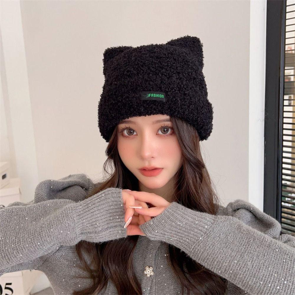 Knitted Bear Ear Hat Cartoon Plush Beanie Cap Winter Ear Protection Skull cap  Women