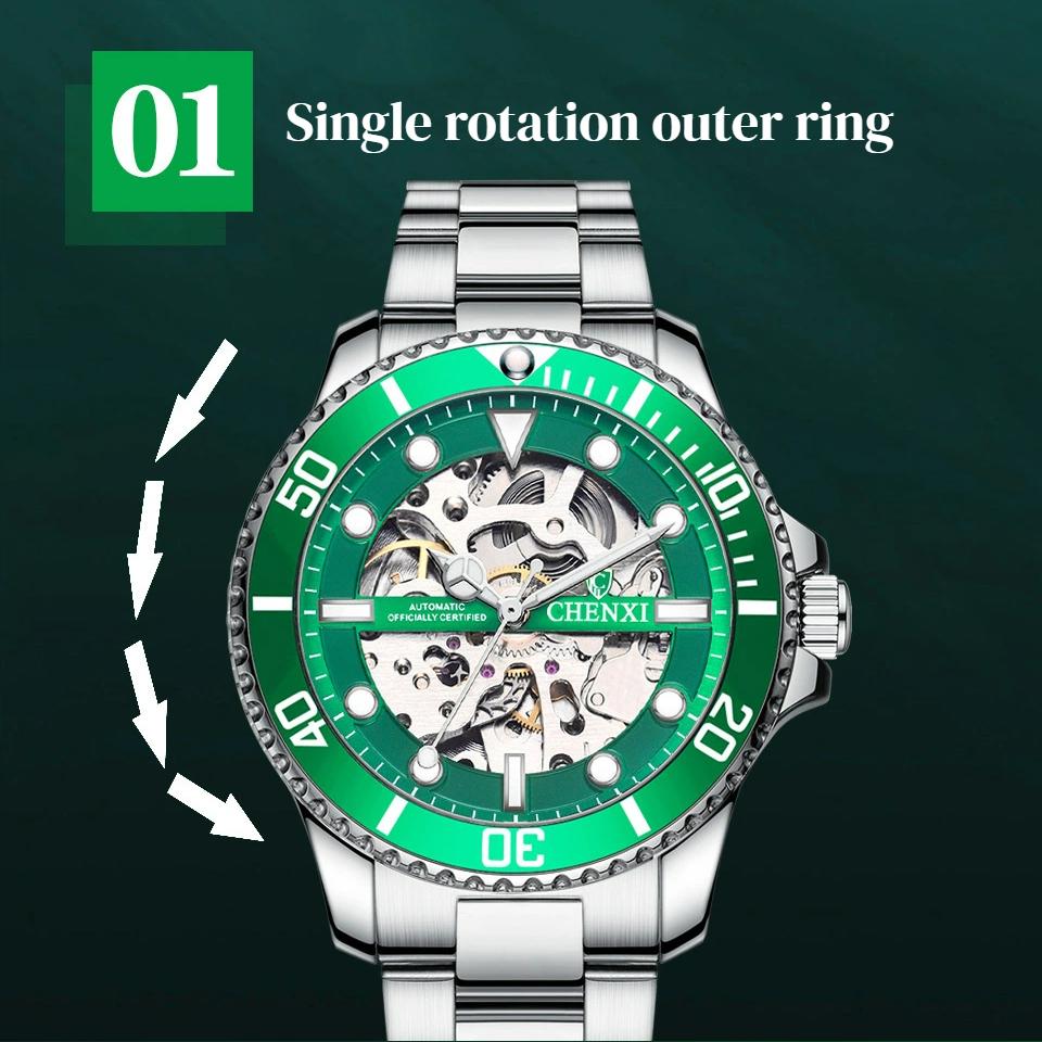 Chenxi Classic Watch Men Unique Dial Green Watches Luxury Gold Skeleton Automatic Mechanical Wristwatches Men Fashion Watches