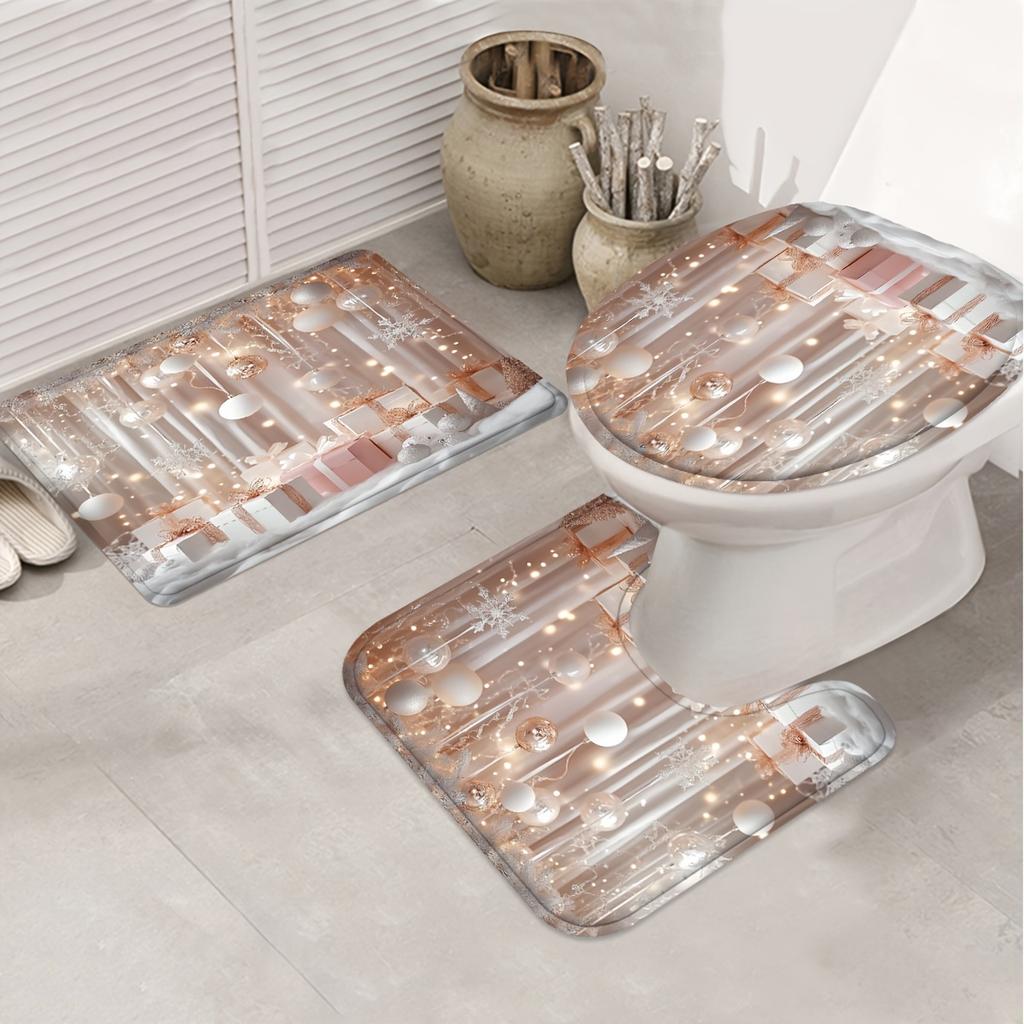 4Pcs Xmas Pink Bath Set, Elegant Holiday Scene Curtain, 12 Hooks, Non-Slip Mat, U-Shaped Toilet Cover, Perfect Xmas Gift