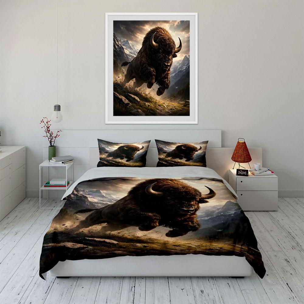 Roaring Bull In Mountain Scene Bedding Duvet Cover Set  (1*Duvet Cover 2*Pillowcases, Without Duvet Insert)