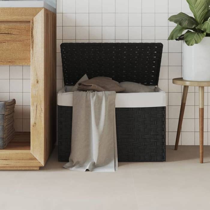 VidaXL Panier à linge avec couvercle noir 55,5x35x34 cm résine tressée 372052