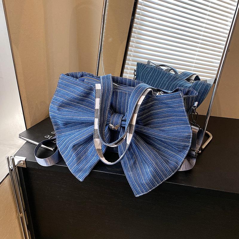 Korean Version of Canvas Bag Literary Niche Underarm Bag Women's 2025 New Large-capacity Bow Denim Tote Bag