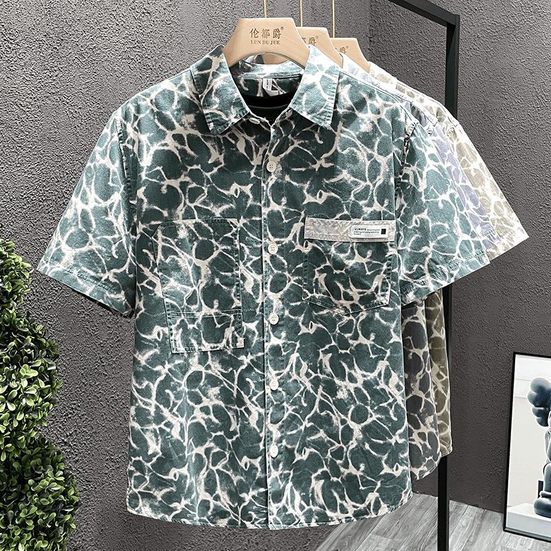 Men Water Ripple Print Shirt Short Sleeve Button Down Chest Pocket Casual Streetwear Shirt for Men