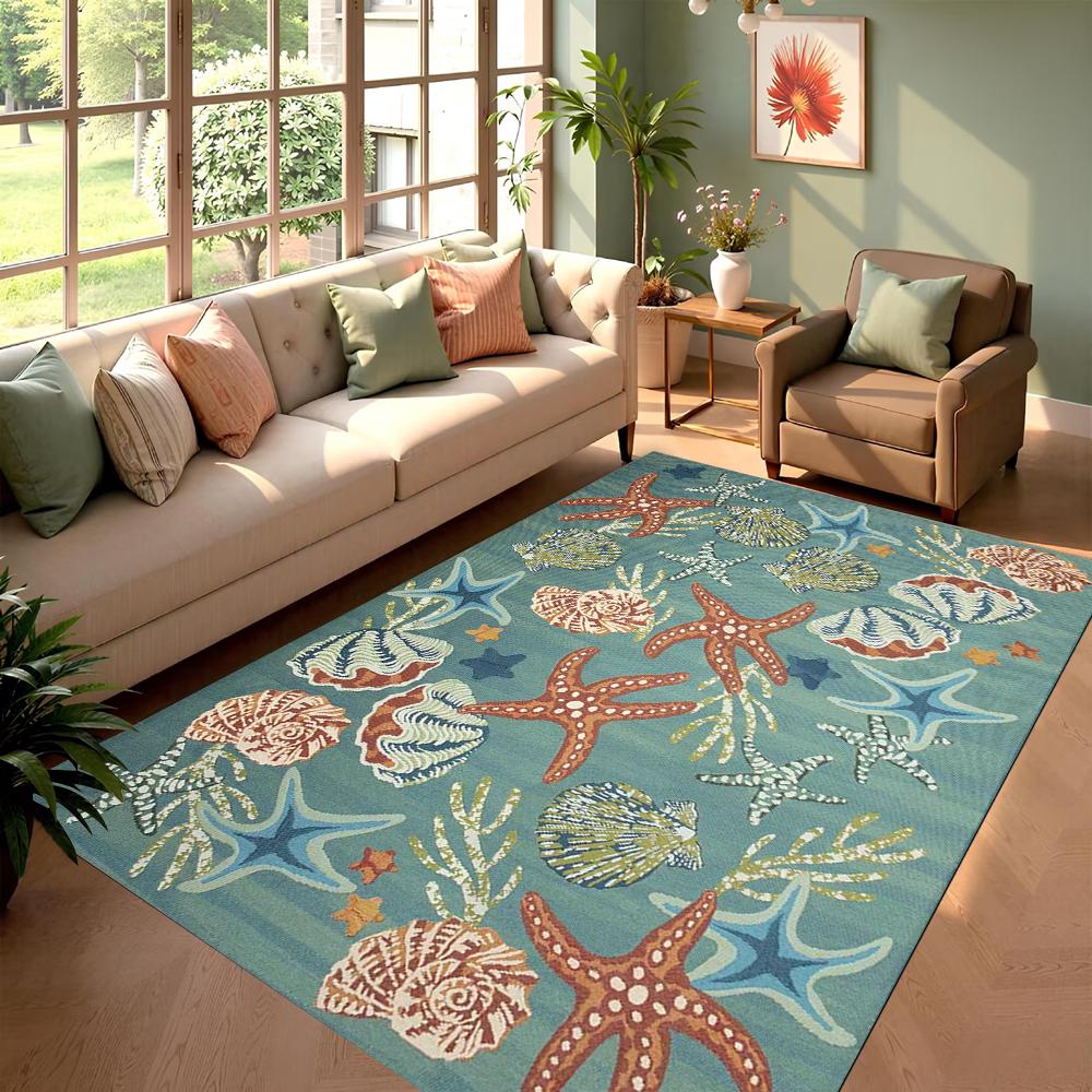 Blue Shell Ocean Element Carpet Rug for Living Room Bedroom Decor Kid Paly Mat Entrance Mat Home Rugs Balcony Kitchen Indoor