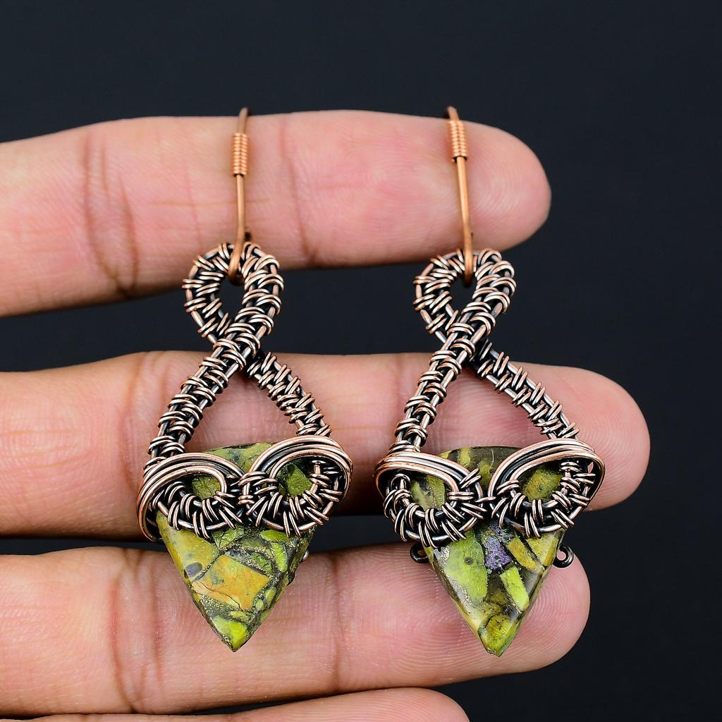 Copper Green Turquoise Handmade Copper Wire Wrap Earring 2.72 R6f53