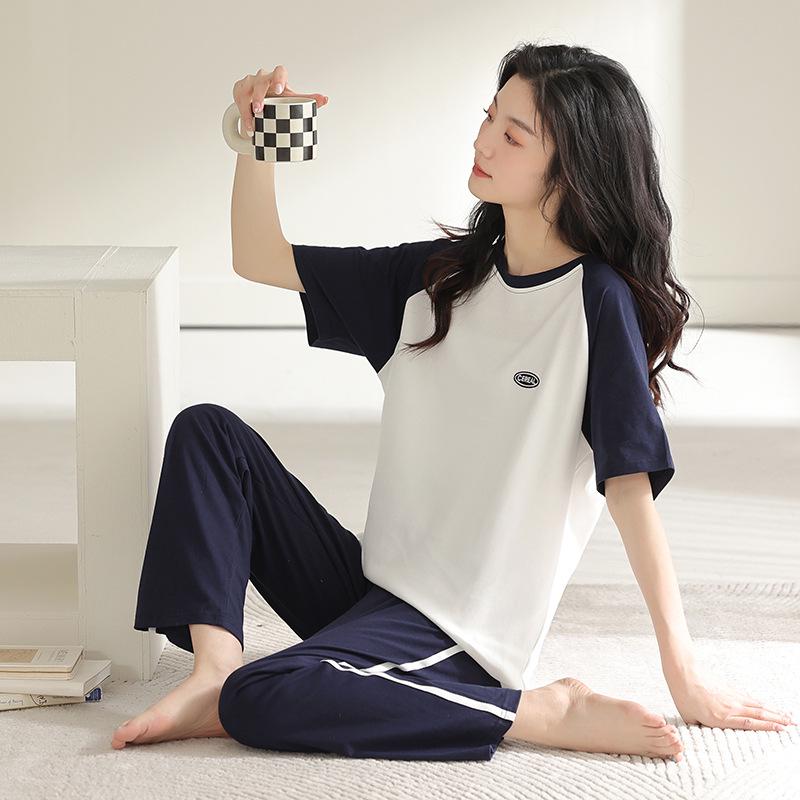 2024 Women's Summer Pajama Set: Pure Cotton, Short Sleeve, Long Pants - Lightweight and Casual for Indoors or Outdoors