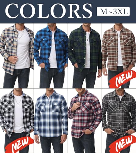 KEFITEVD Herren Langarm Flanellhemd, Große Größen, Leicht, Mit Kragen, Lockerer Schnitt, Frühling/Sommer, Karomuster, Freizeit, 100% Baumwolle, Weich, Busine