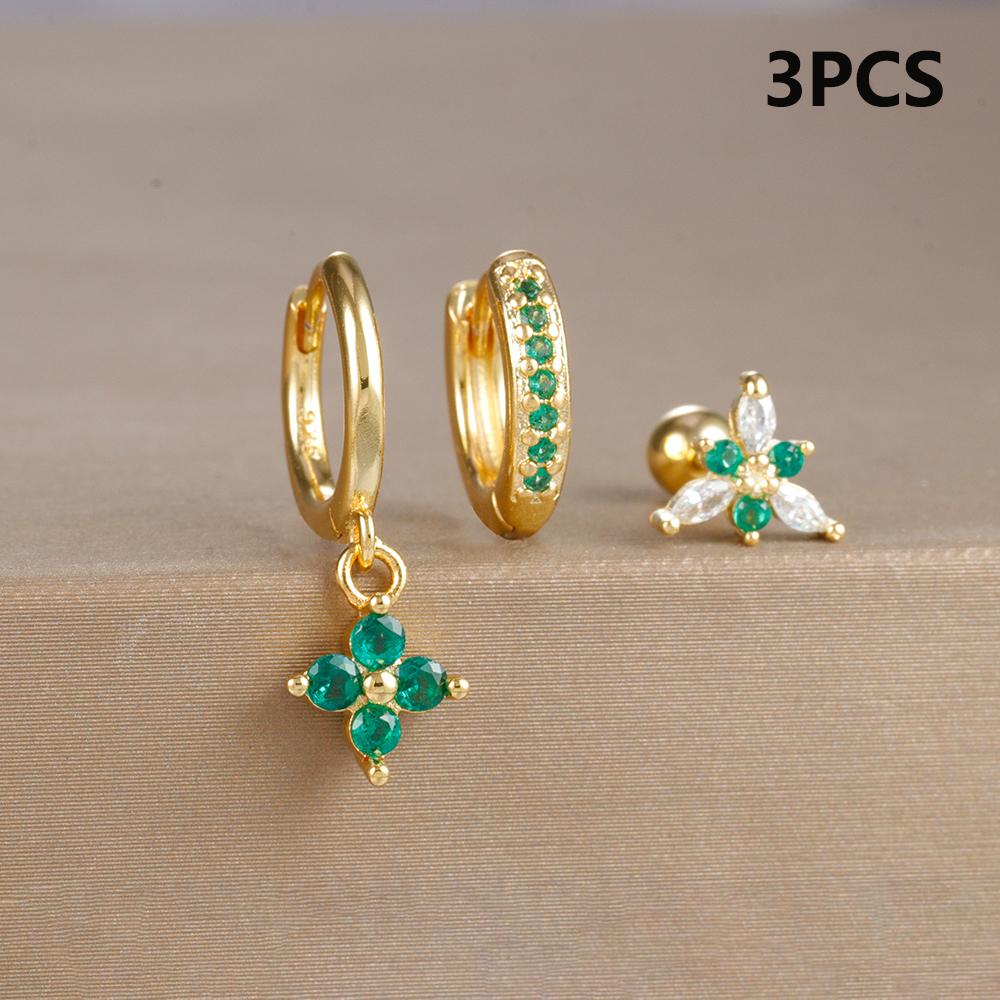 3PCS Green Zircon Flower Hoop Earrings Women Tiny Stainless Steel Round Circle Cartilage Piercing Earring Fashion Jewelry Sets