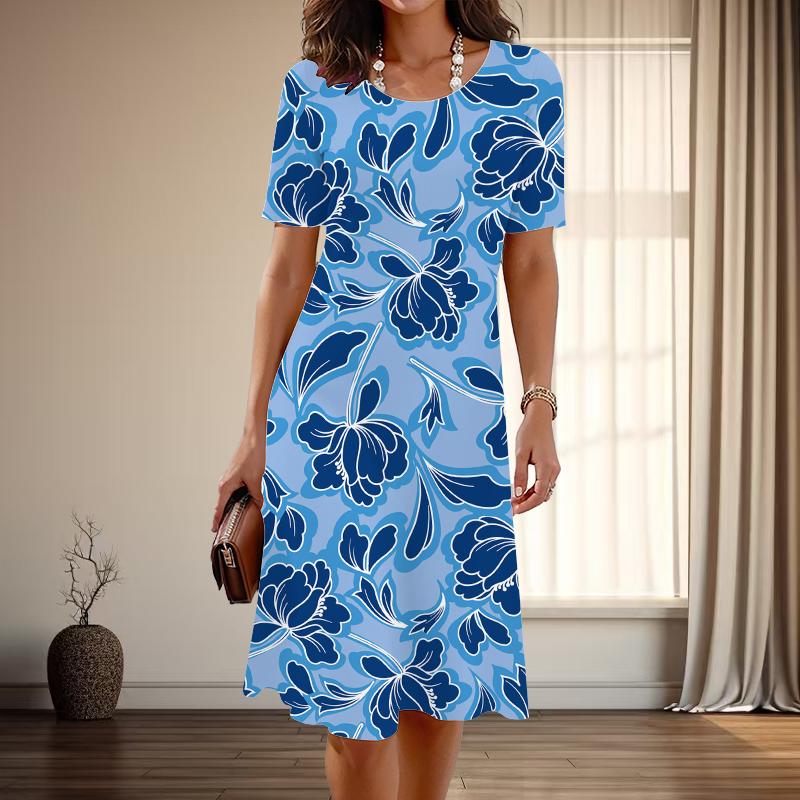 Moda damska Elegancki kwiatowy nadruk Lato Wiosna Krótki rękaw O-Neck Sukienki casualowe