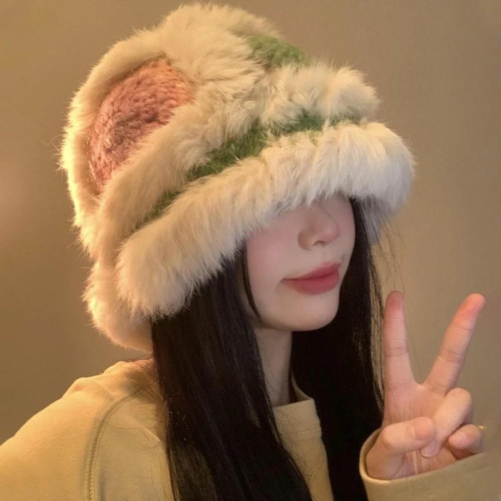 Faux Rabbit Fur Earflap Bucket Hat Fluffy Winter Windproof Hat Warm Fisherman Knitted Hat Girls
