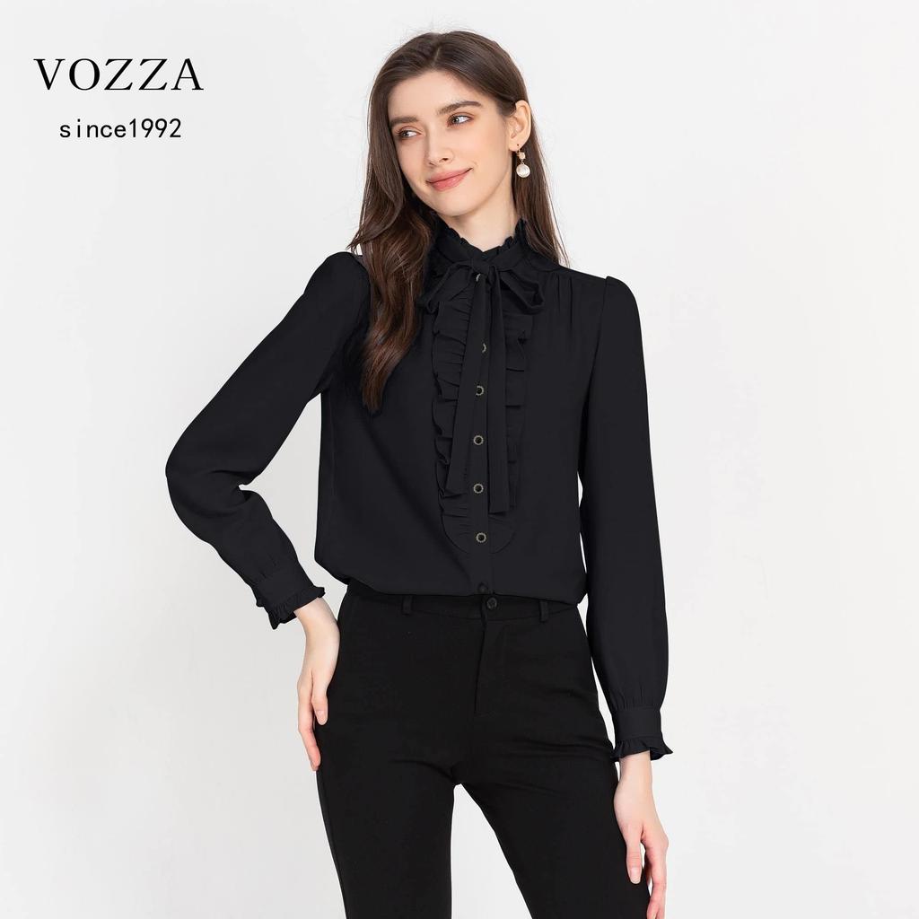 VOZZA Ruffled High Neck Long Sleeve Chiffon Dress Open Solid White Perfect for Entrance and More Women's Shirt, No-Iron, Collar, Stand-Up Collar,