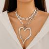 Wind Sweet And Cool Exaggerated Big Love Necklace Necklace Metal Chain Double Baroque Imitation Pearl Necklace