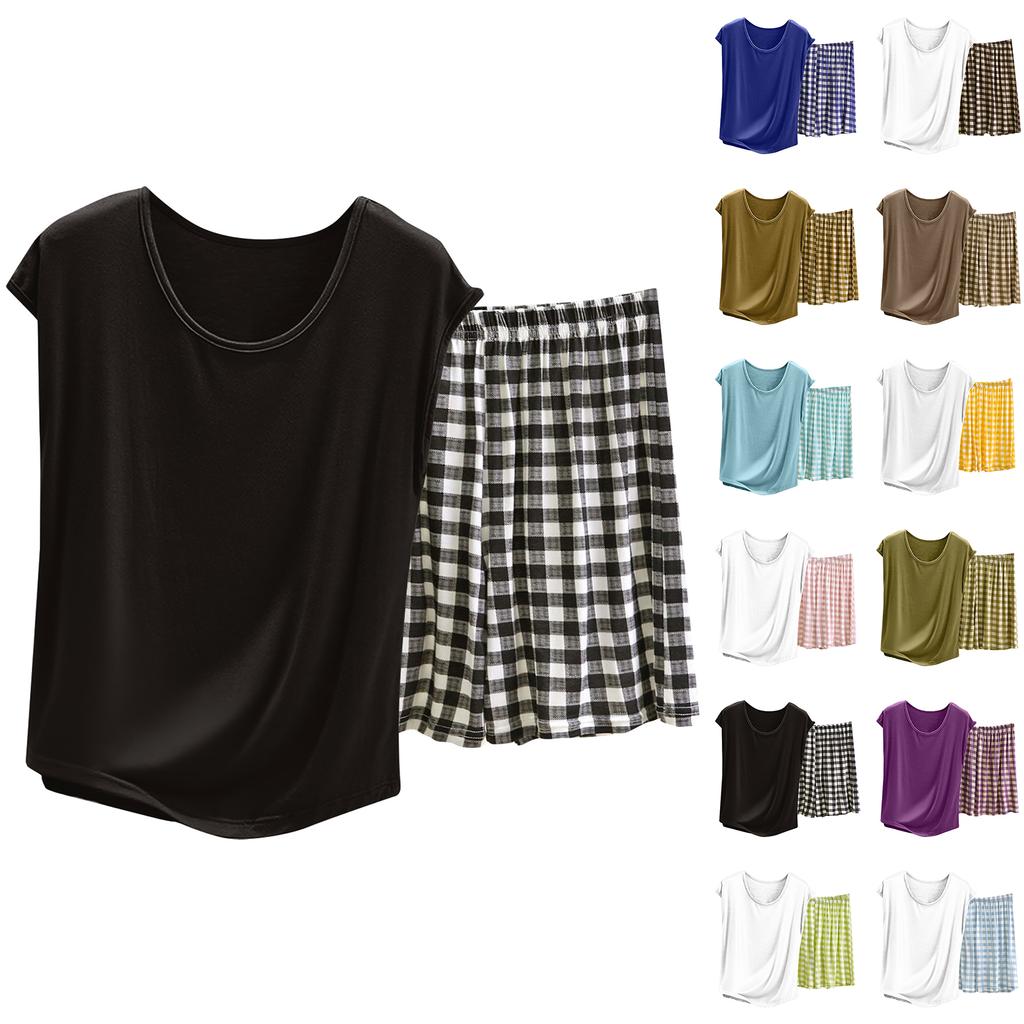 Ladies' Casual And Comfortable Round Neck Solid Color Top With Checkered Printed Shorts Plus Size Set