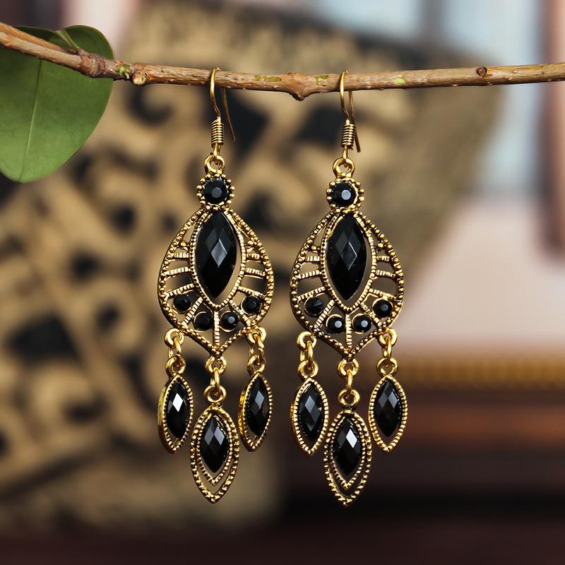 Ethnic Long Antique Gold Color Water Drop Earrings for Women Vintage Hollow Inlaid Rhinestone Elegant Earring Female Jewelry