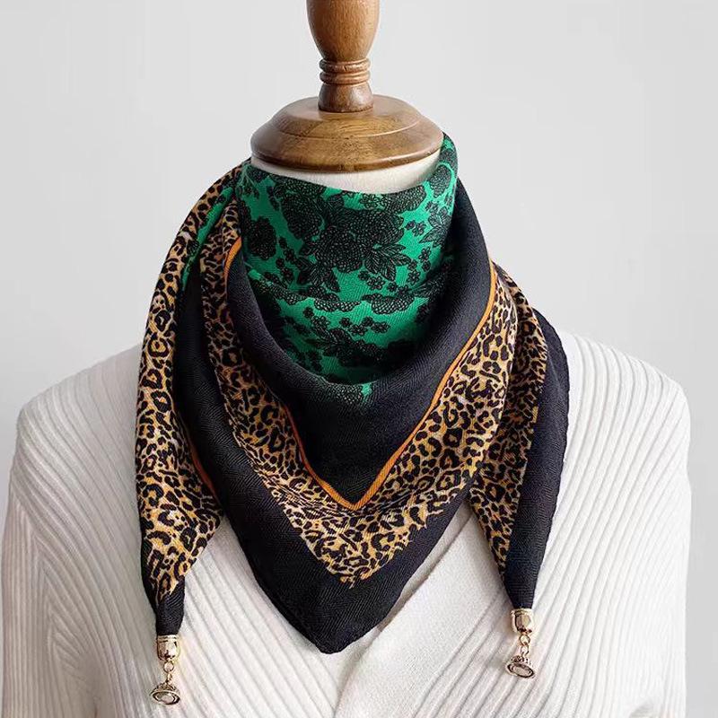 Women's 65" Silk Square Scarf with Magnetic Buckle – Autumn/Winter Print, Fashionable & Versatile Triangle Snood