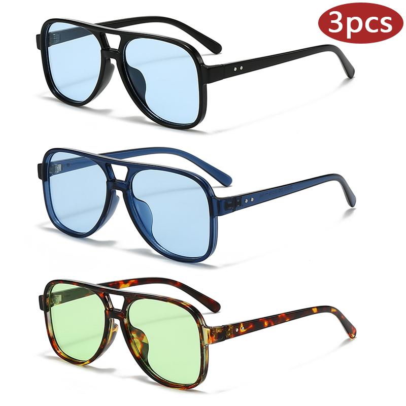 

3Pcs Retro Double Bridge Oversized Sunglasses Classic Rectangle Uv Protection Driving Eyewear Brand Big Shades Women Eyewear