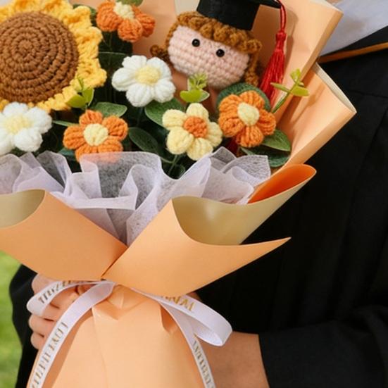 Handmade Crochet Flower Bouquet Completed Knitted Sunflower Puff Flower Doll Graduation Bouquet Teacher Appreciation Gifts for Grad Party Favors