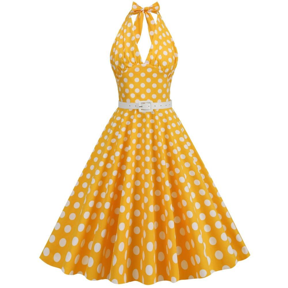 Women's Halter Sleeveless Midi Dress Regular Fit Mid Waist Vintage Polka Dot A Line Swing Dress With Matching Belt